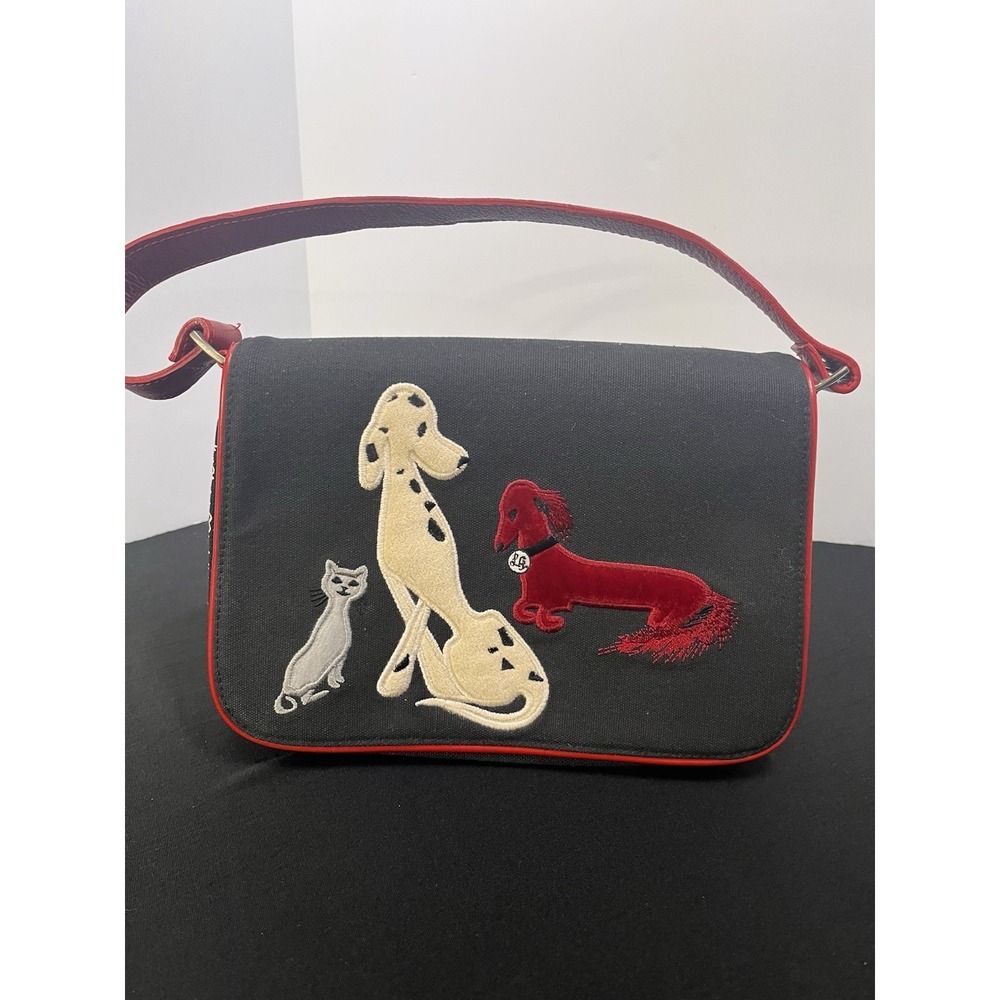 Lulu Guinness Vintage Friends Shoulder Bag Black Red Canvas Embroidered Dog A464